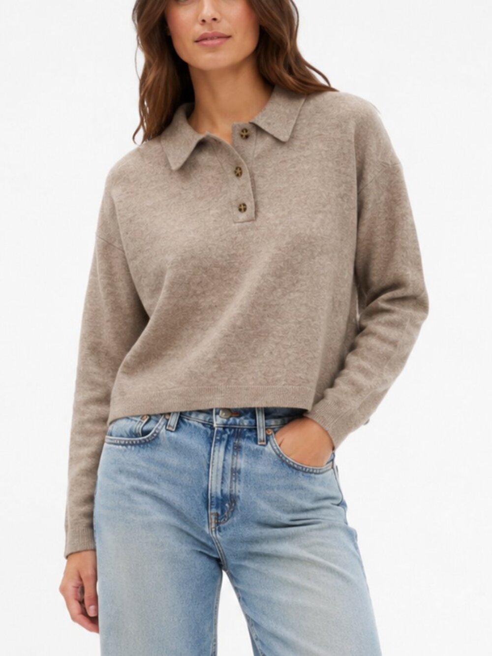 GAP CashSoft Relaxed Polo Sweater Cashmere Soft Cropped Beige Size S